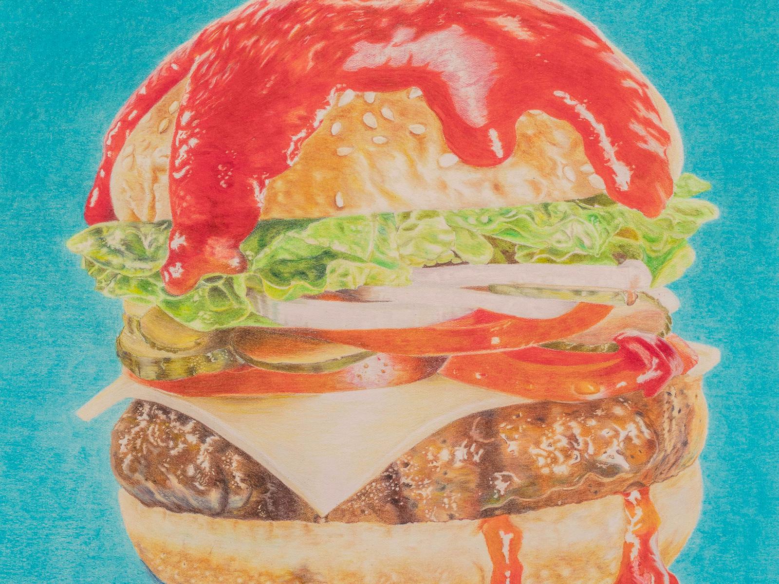A very bright colour pencil drawing  of a juicy hamburger with tomato sauce drizzles over the bun.