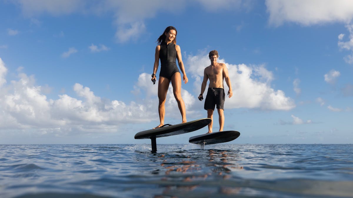 Fliteschool Noosa couple Efoiling Sunshine Coast with Fliteboard