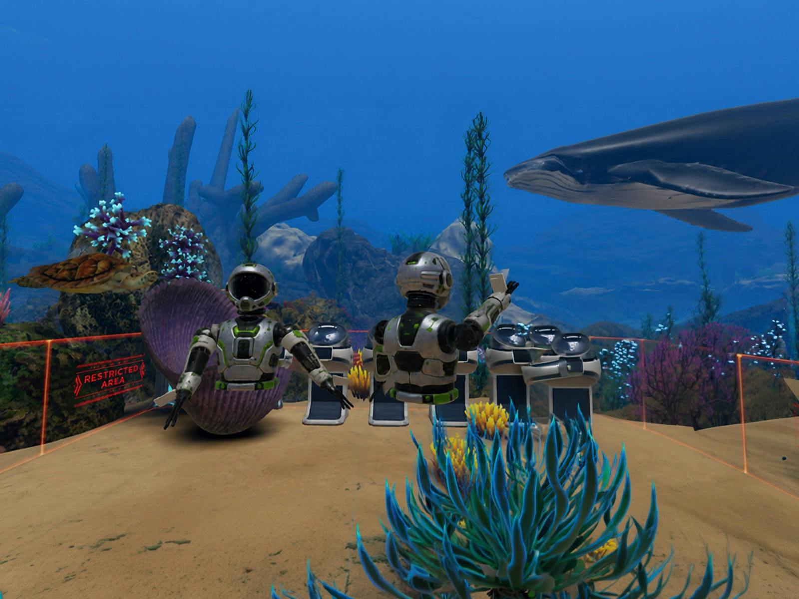 A scene from the Reef Rangers VR experience with robots, aquatic life and a whale