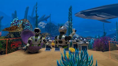 A scene from the Reef Rangers VR experience with robots, aquatic life and a whale