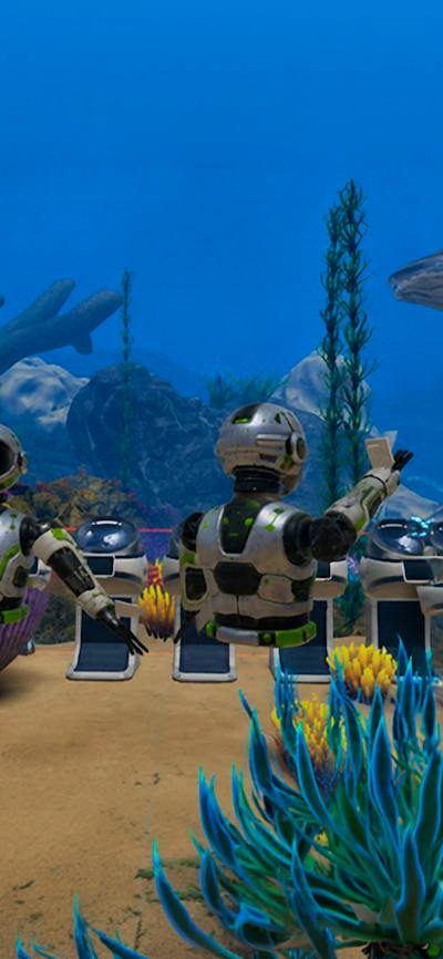 A scene from the Reef Rangers VR experience with robots, aquatic life and a whale