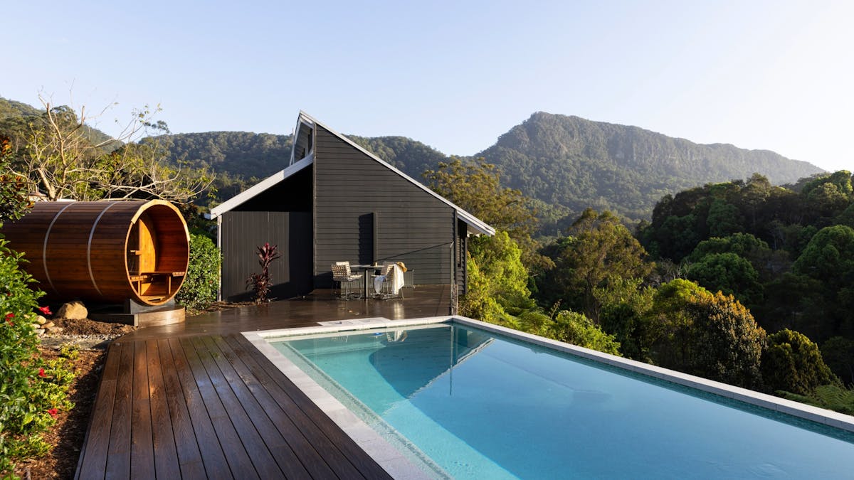View of infinity pool and sauna overlooking Currumbin Valley