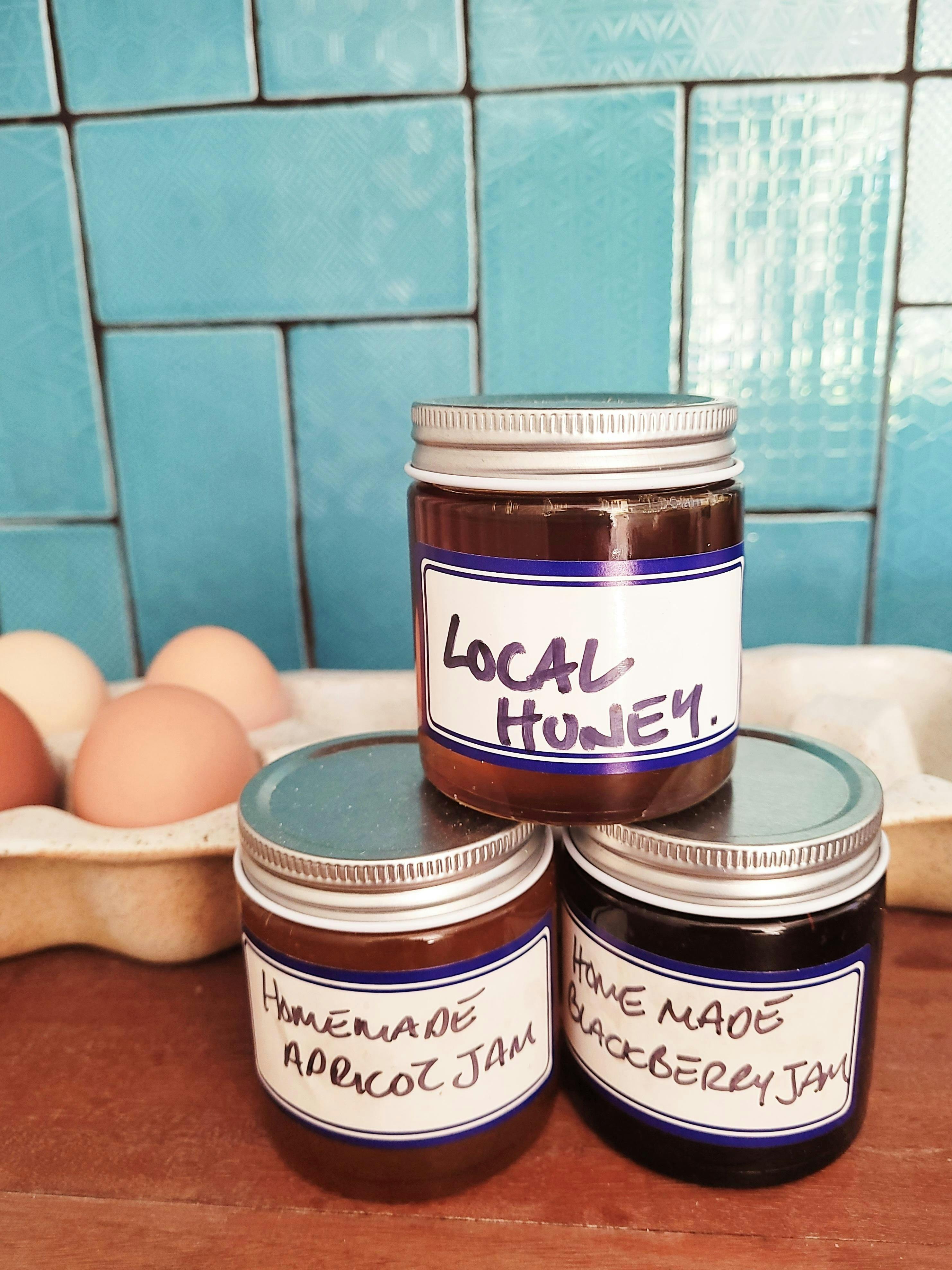 local jam, honey and eggs