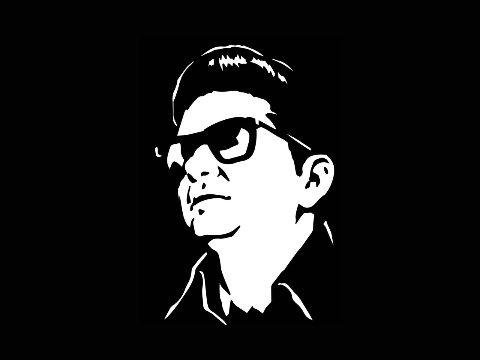 Black and white minimalist vector art of a man wearing sunglasses and looking to the side