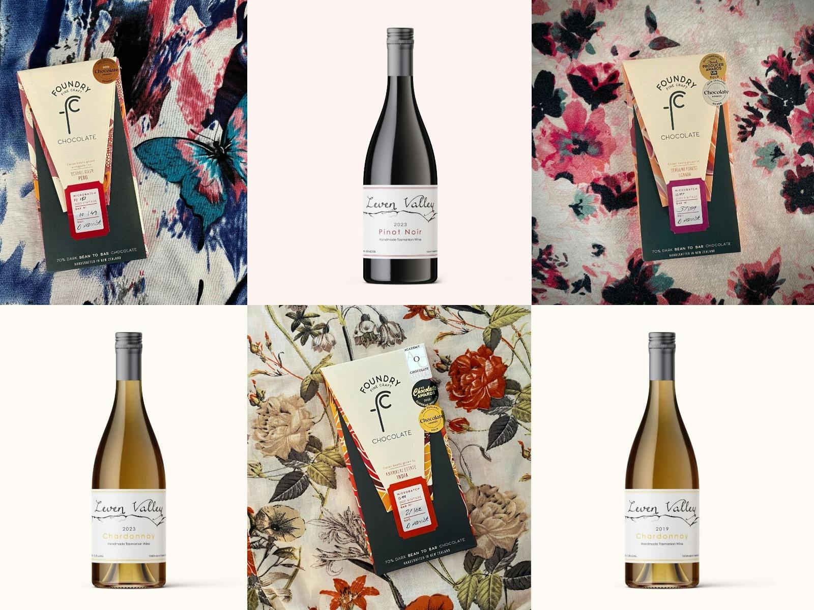 3 Bars of Foundry chocolate with  2023 Chardonnay, 2019 Chardonnay, 2023 Pinot Noir