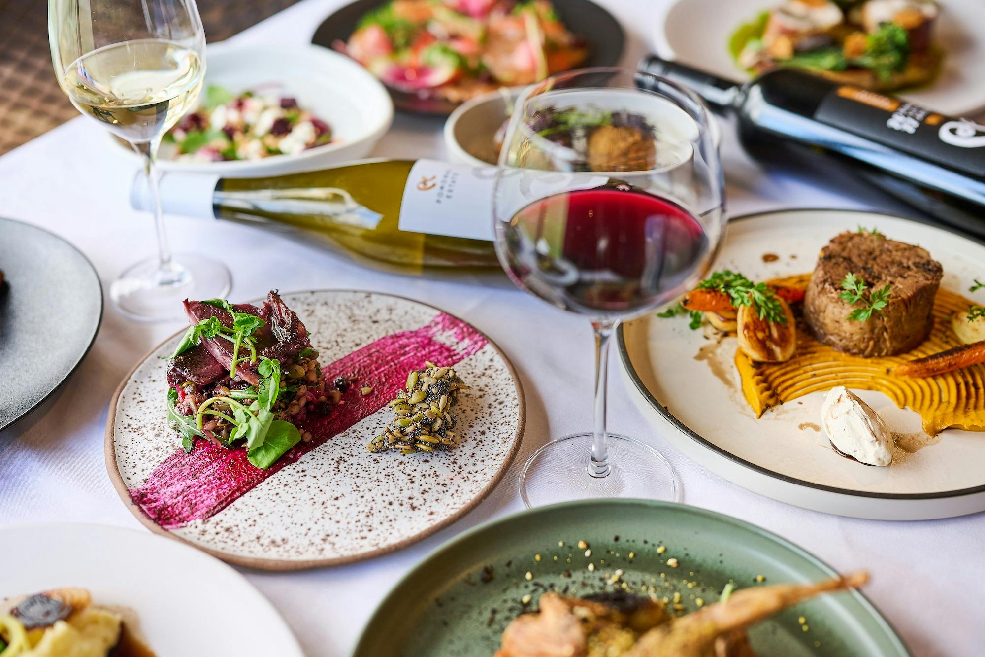 Pomonal Estate wine tasting, miniature glasses with white, rose and red wine