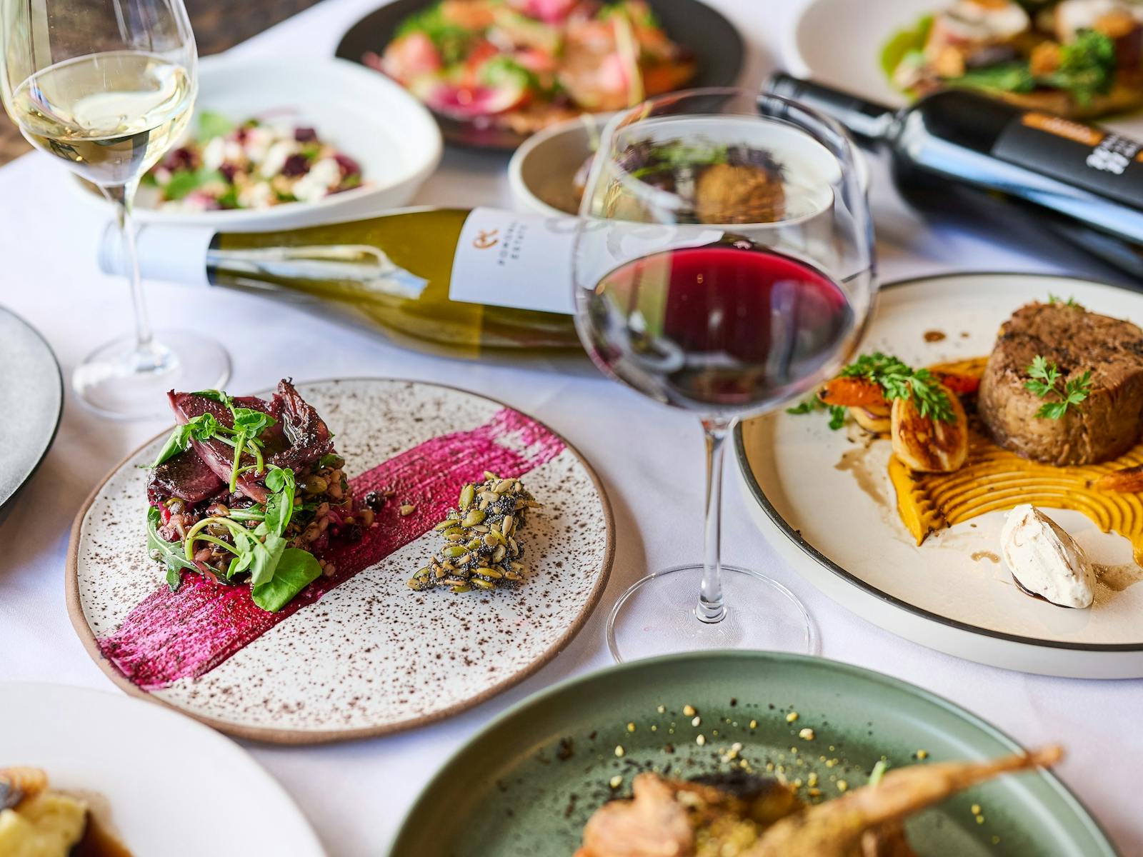 Pomonal Estate wine tasting, miniature glasses with white, rose and red wine