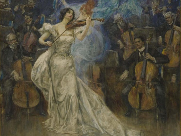 Painting by John Gulich of a woman playing violin at a concert in front of an orchestra.