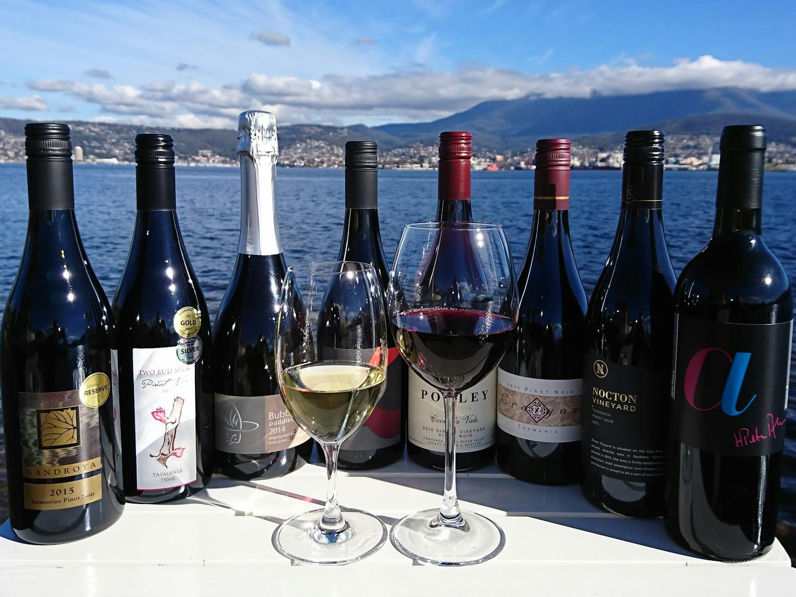 Ageing Barrel Tours Local Wine in front of Hobart City Backdrop