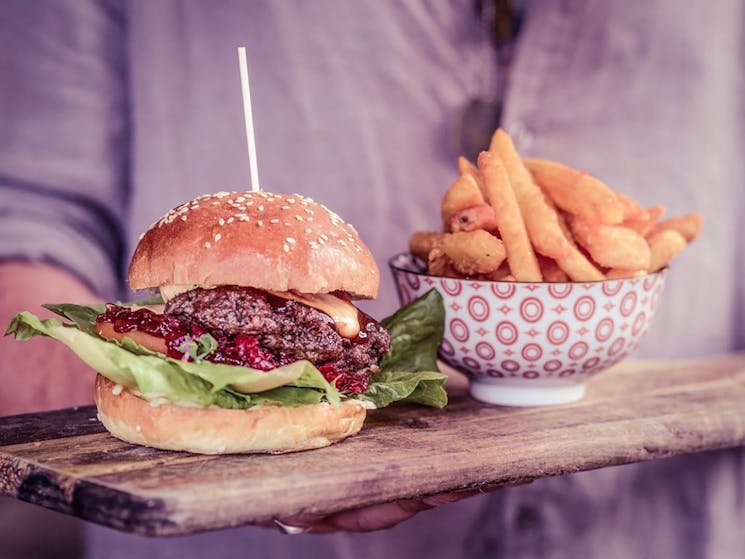 beef burger with fries