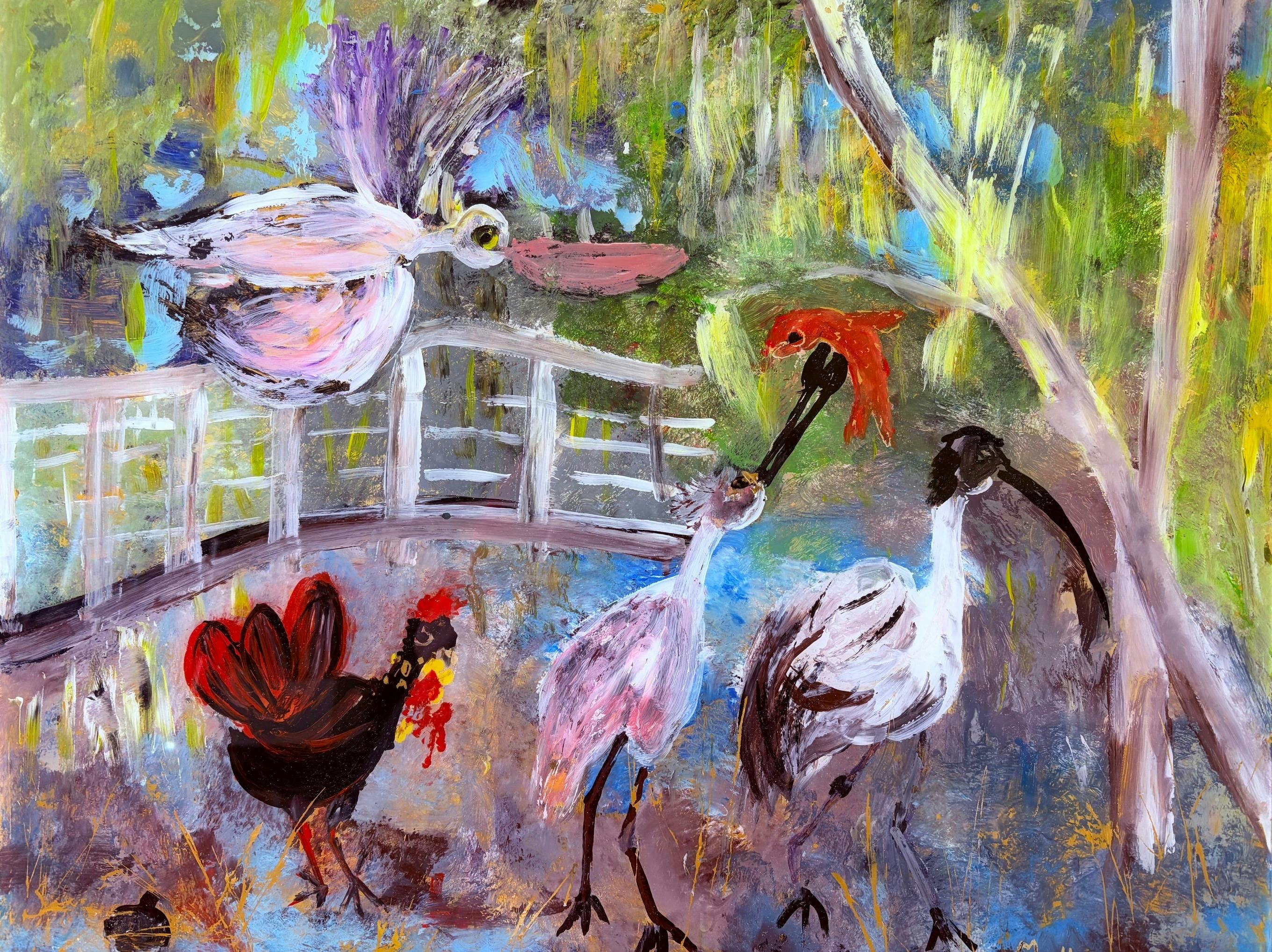 an abstract of birds in a farm yard
