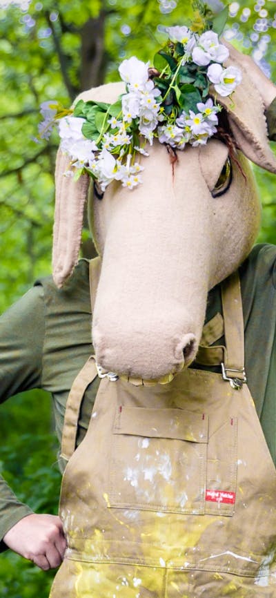 A person in a green shirt and tan dungarees stands in amongst trees with a donkey head on