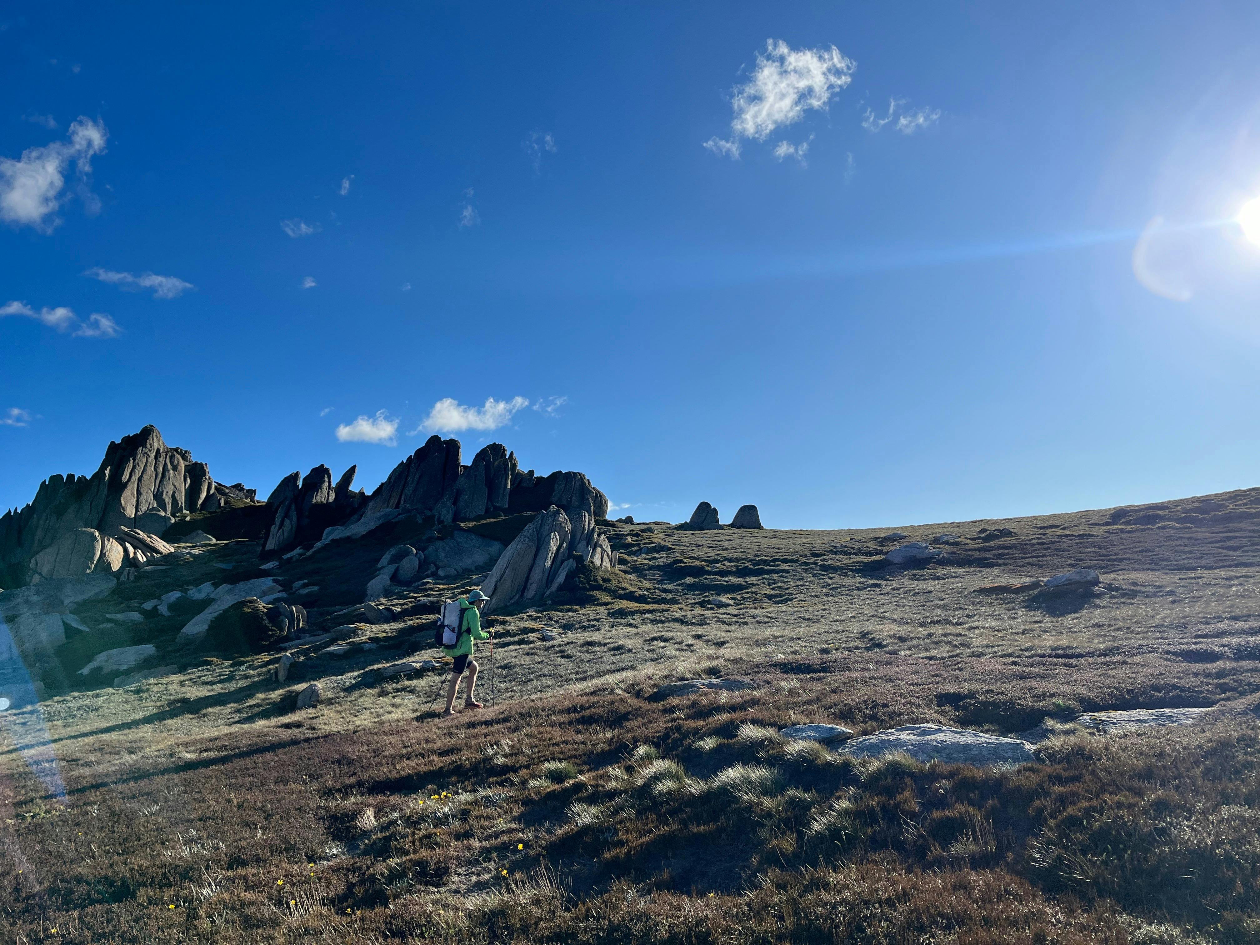 A hiker walking up a slope off track.