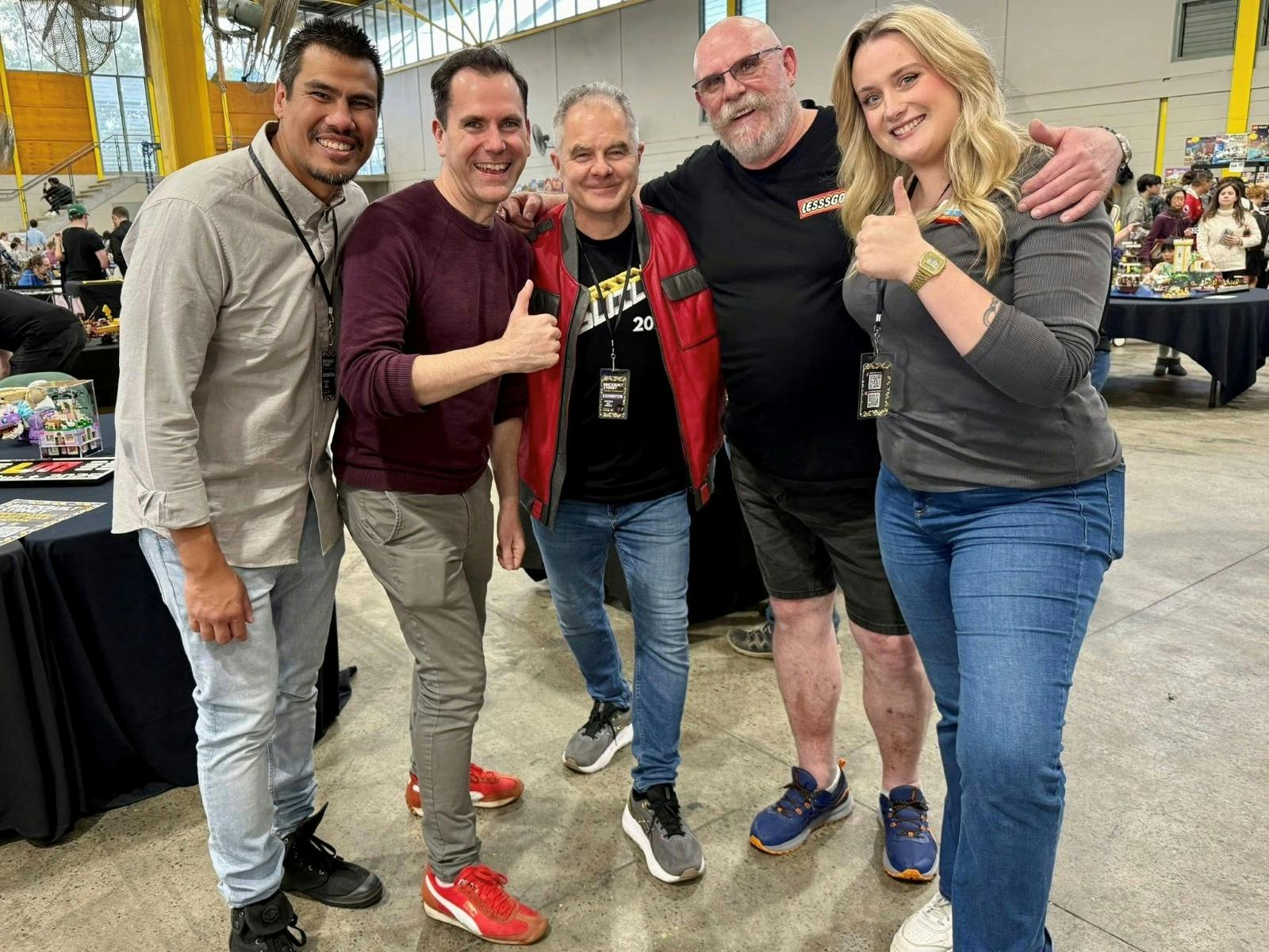 Image of LEGO Masters Henry, Cade, G and Alex with exhibitor Simon at Brickbuilt Sydney