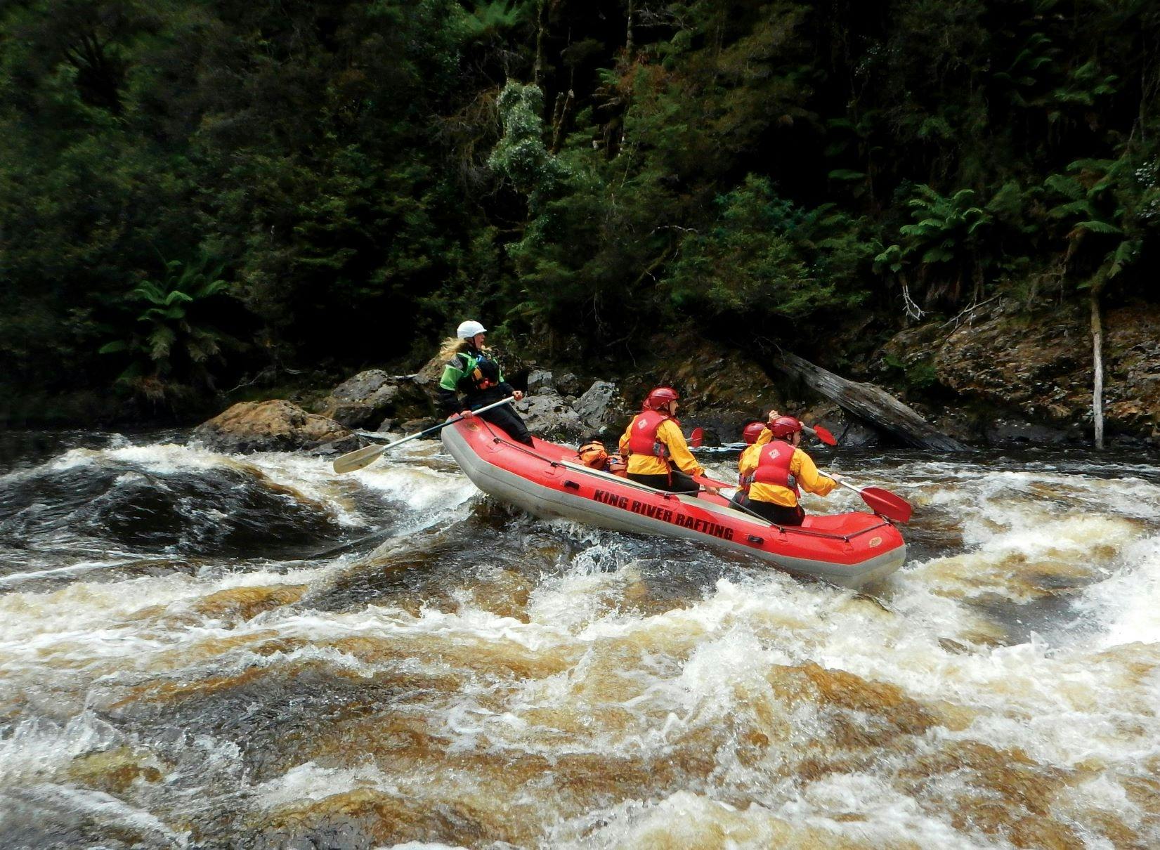 Red raft with people heading down a rapid.  King River, Tasmania
