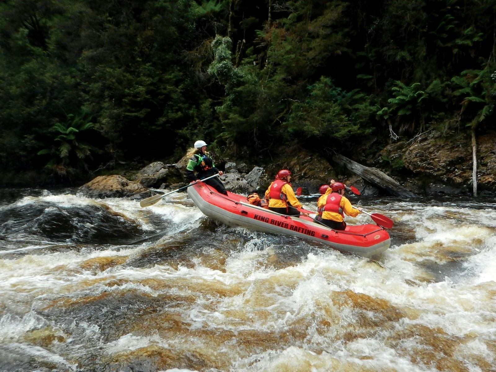 Red raft with people heading down a rapid.  King River, Tasmania