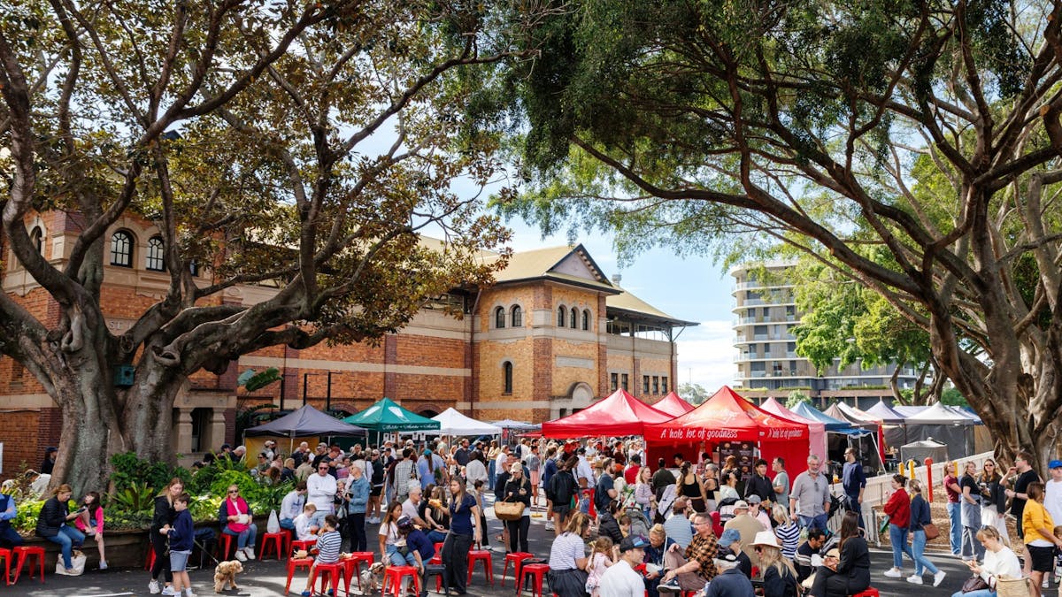 View of the happy crowds at Jan Powers Farmers Markets Eagle Farm on Sunday morning