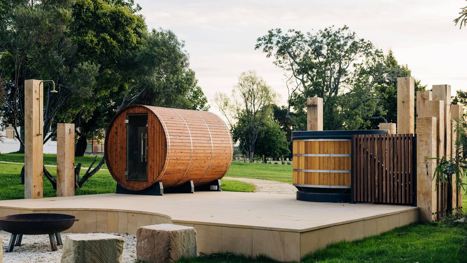 Wellness deck featuring yoga platform, hot tub, sauna, cold plunge shower and stunning vistas.