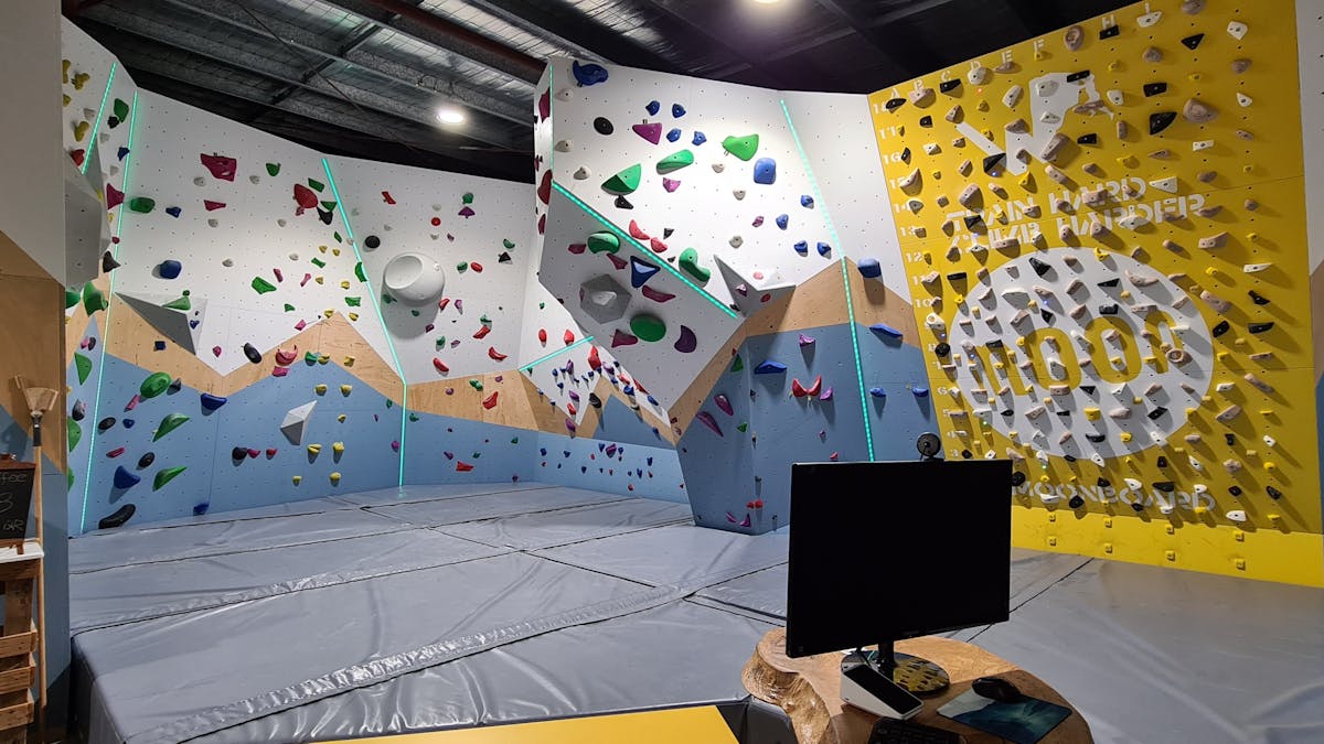 Wall Walkers Bouldering showcasing "The Prow" section of our wall.  An interesting climbing feature.