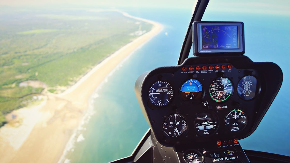 Photo of helicopter controls and beach