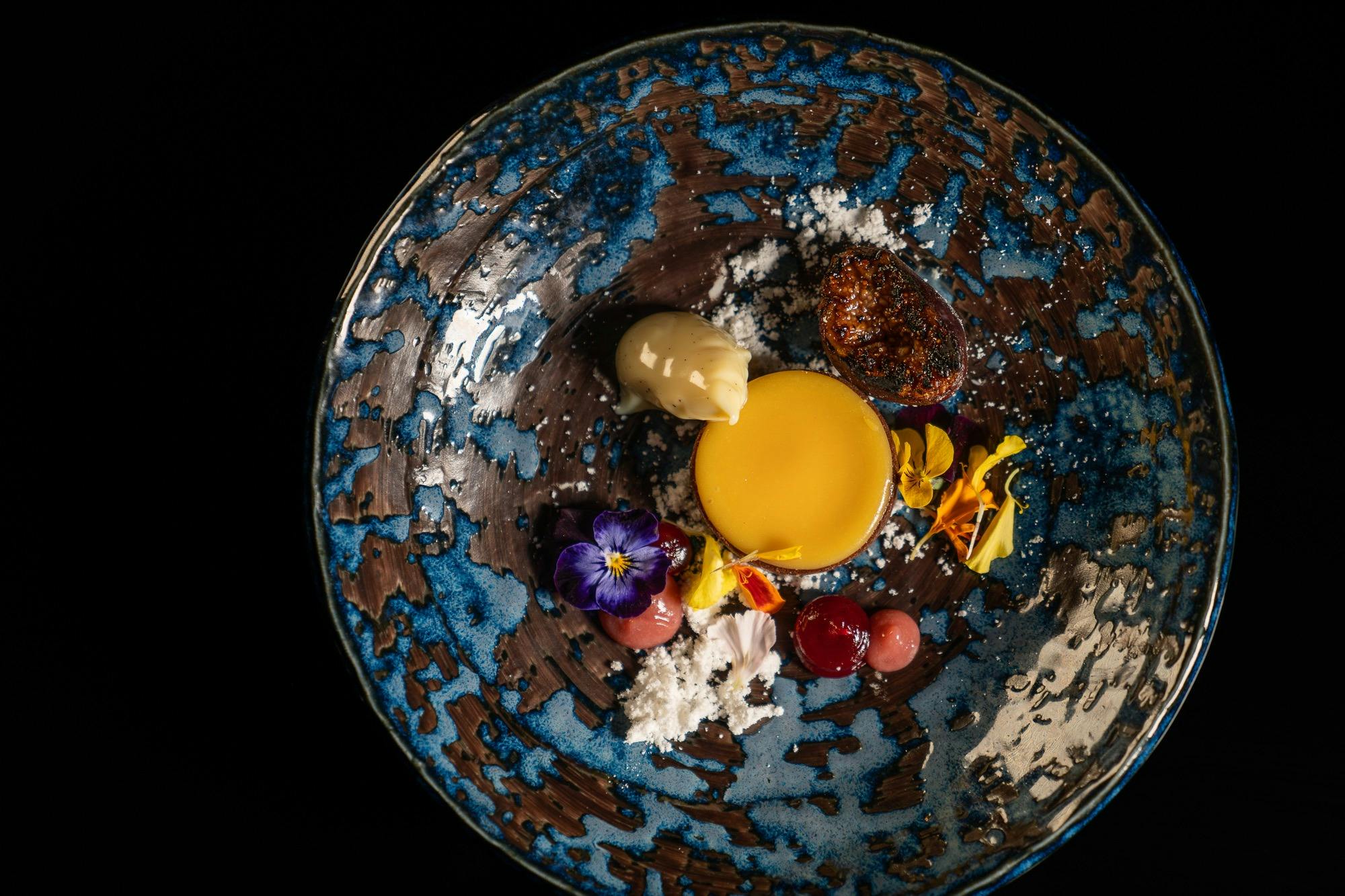 1. Colourful plated dessert with a golden centre at Mayura Wagyu Steakhouse