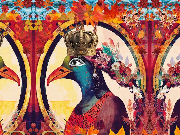 A magazine style collage with a bird head, flowers and colour textures.