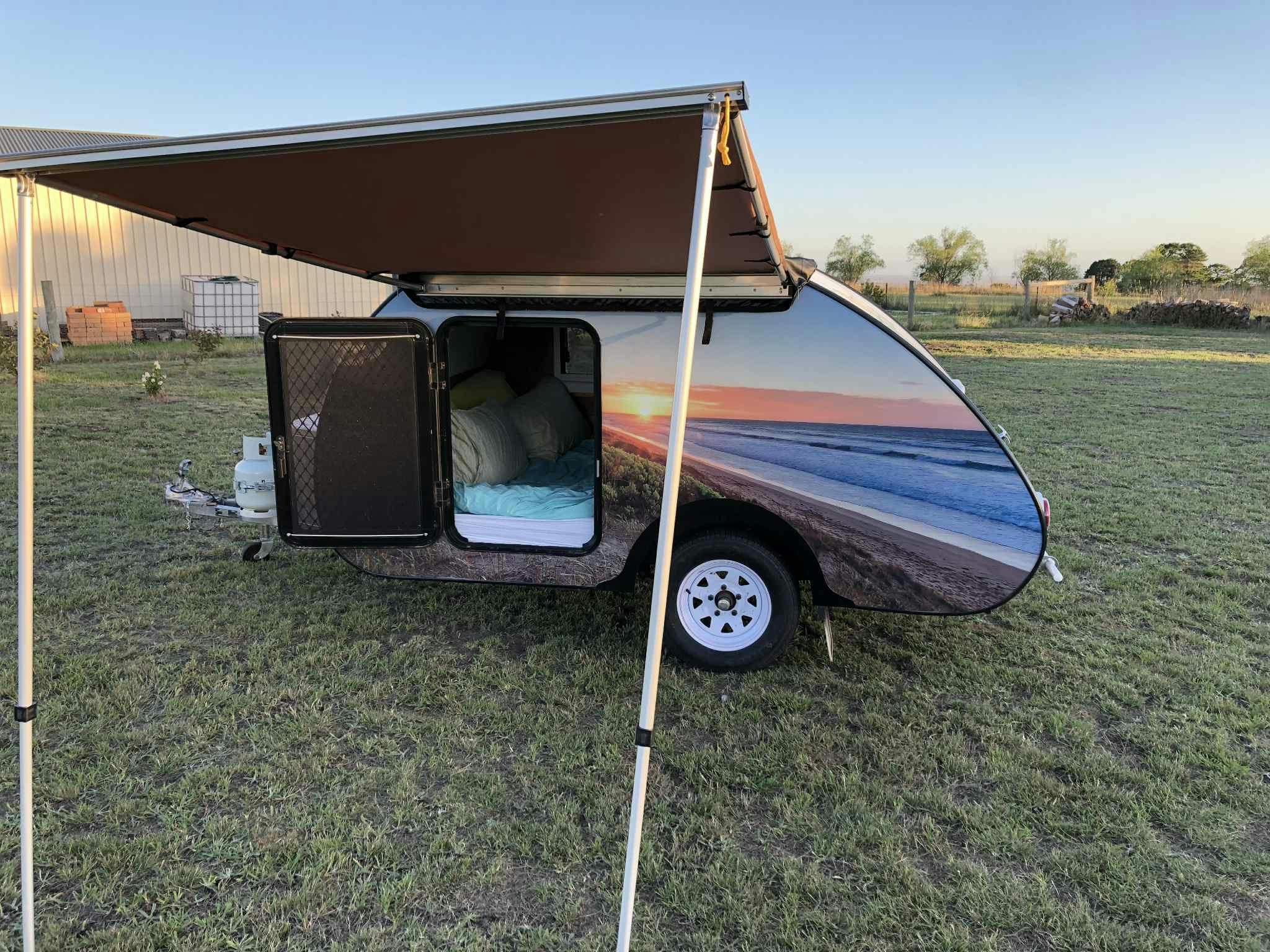 Teardrop camper with rear kitchen