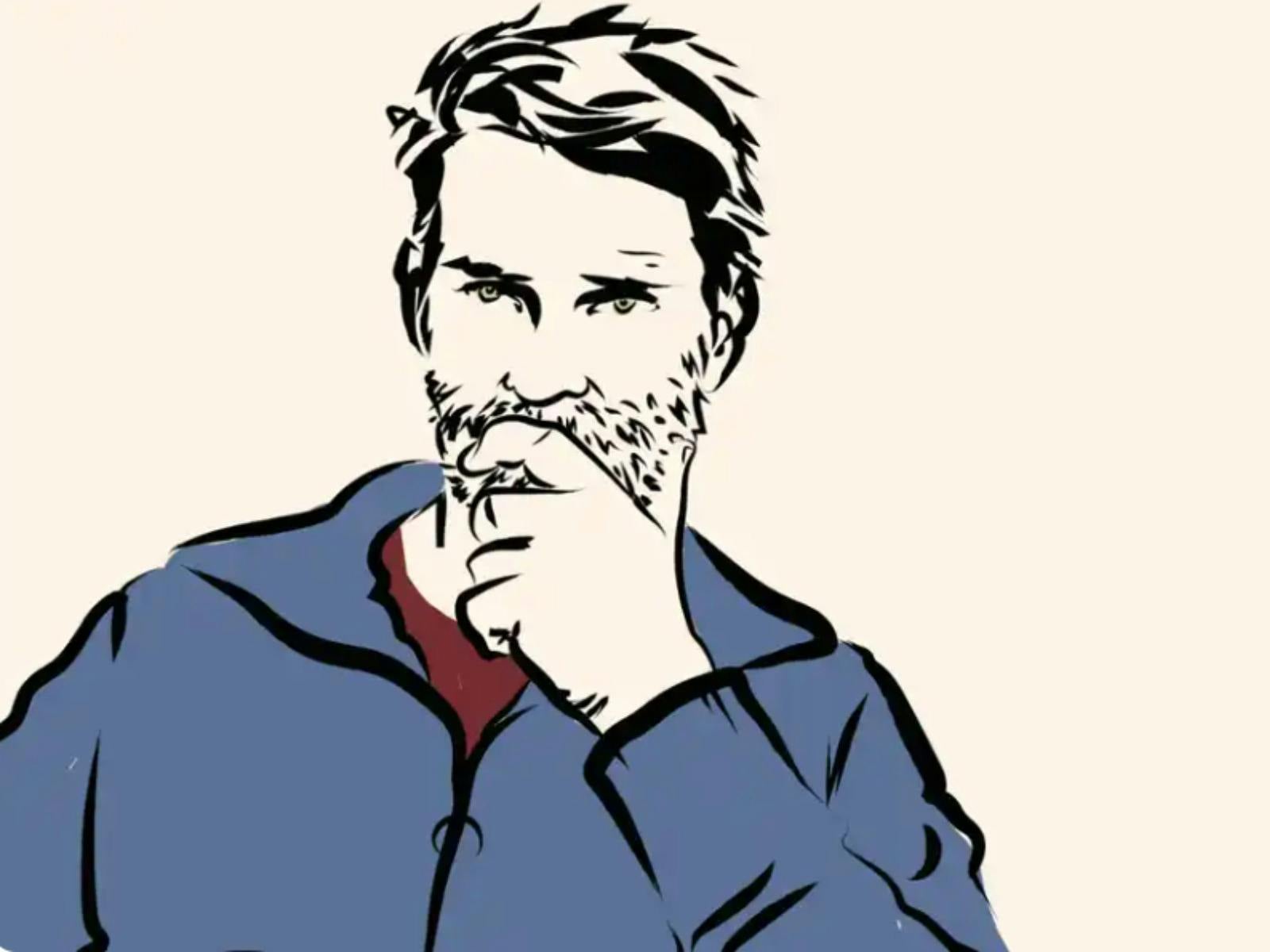 a cartoon/sketch style portrait of Luke Heggie on a cream background