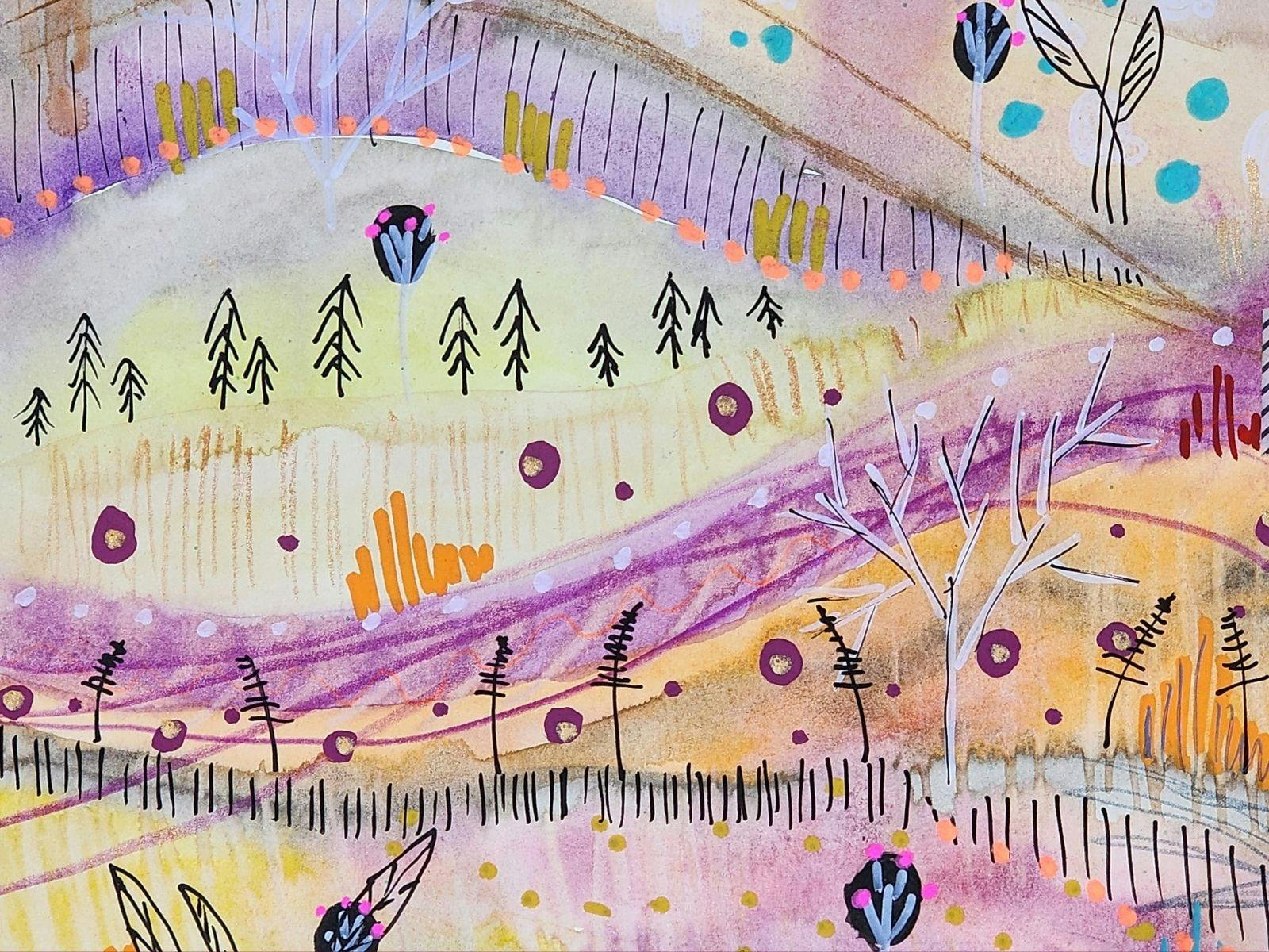 A pastel painting of an abstract landscape using watercolours, pens, pencils and washi tape
