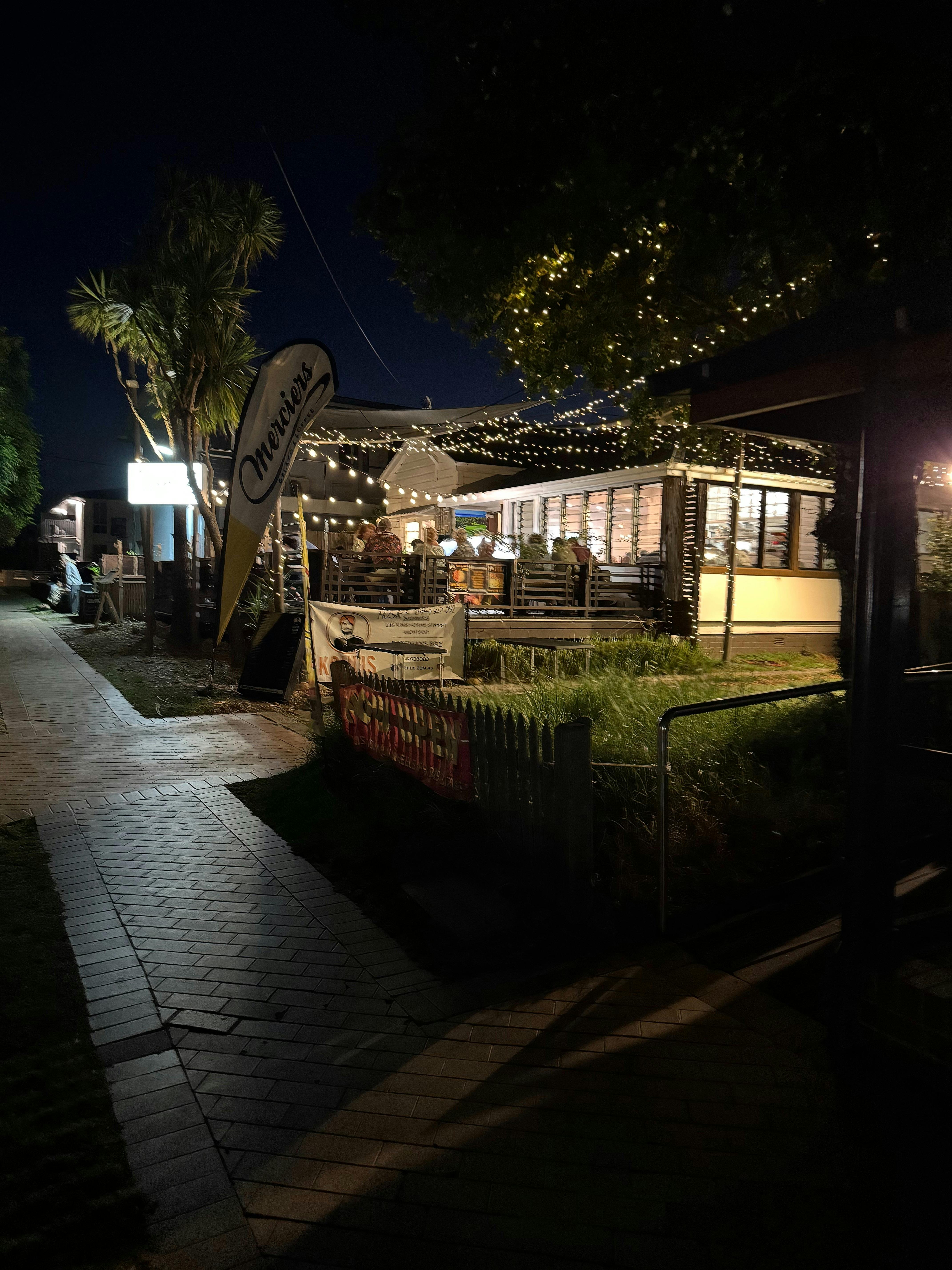 Cocktails, wines , tacos and beers under the lights on the front deck at Merciers in Huskisson