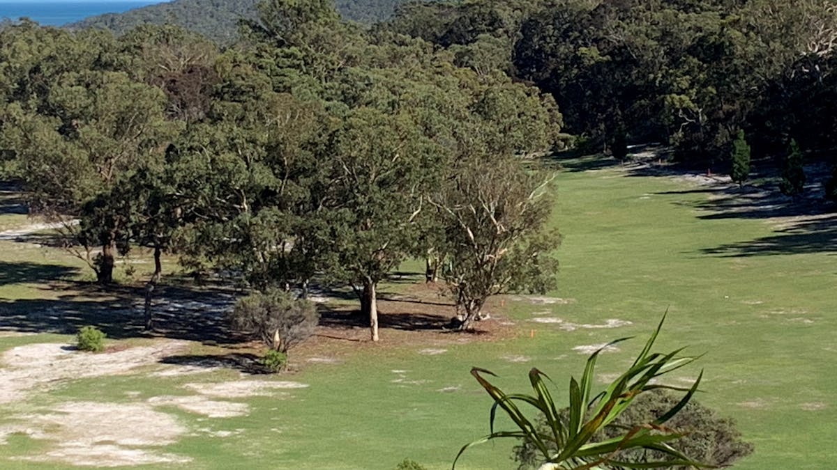 The first fairway is reached from a tee shot from the elevated first tee The first fairway is reached from a tee shot from the elevated first tee