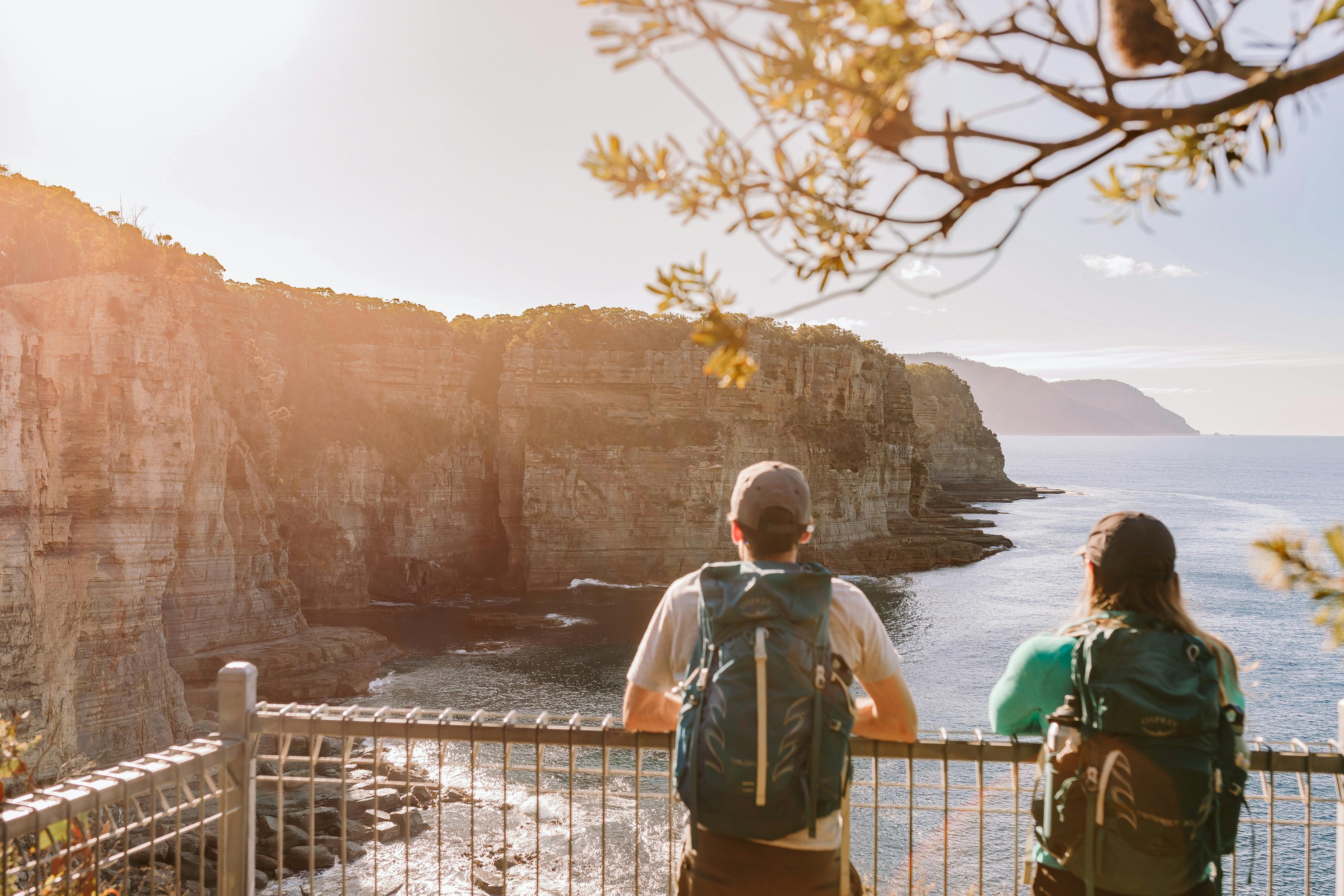 A man and woman standing behind a railing overlooking coastline with very high sea cliffs