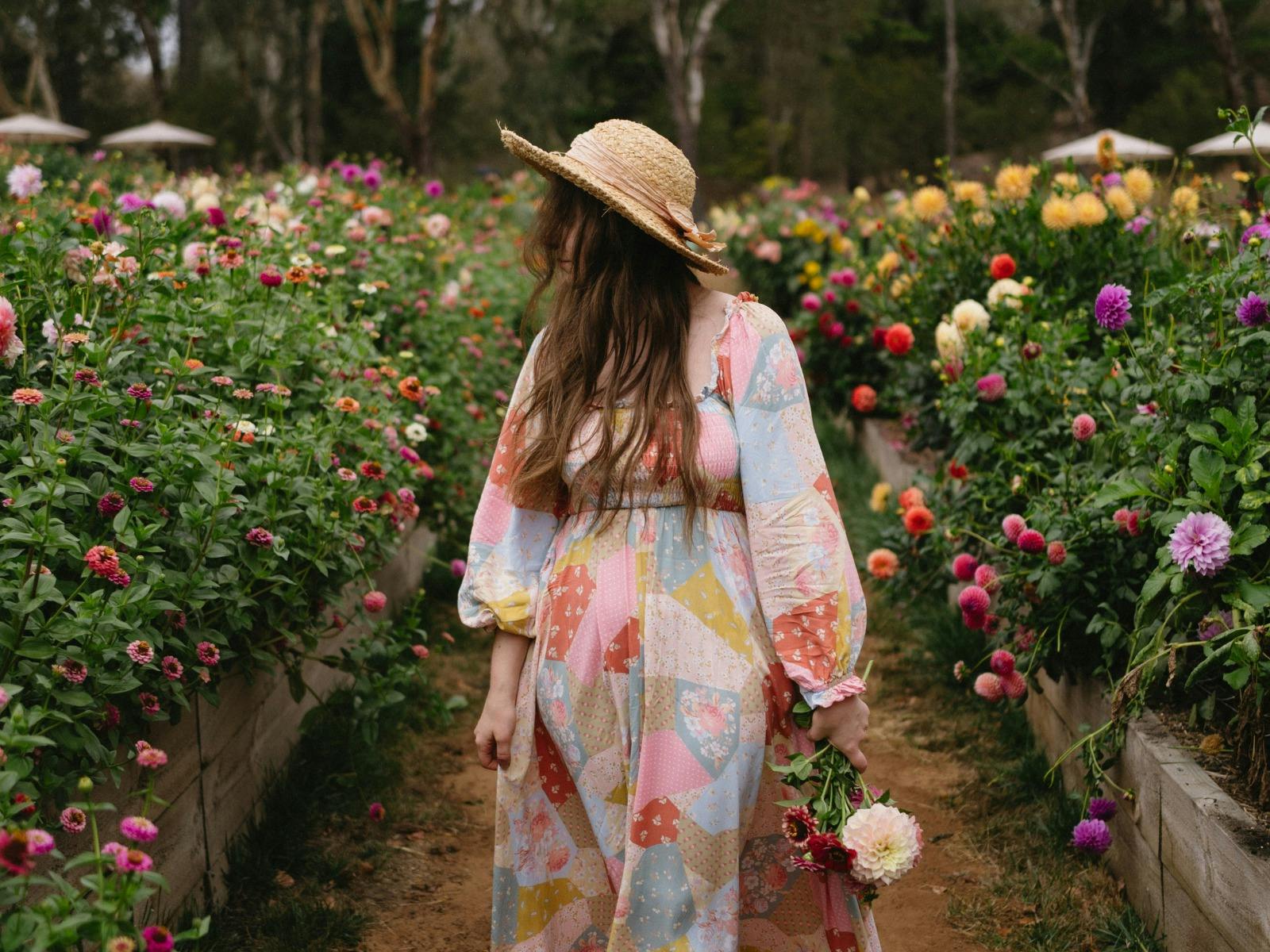 Visitor walking through vibrant summer flower beds