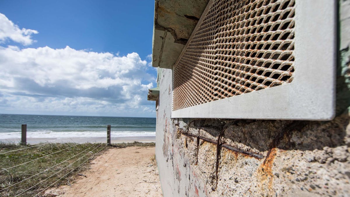 The side of the bunker at Fort Bribie, looking out to the ocean