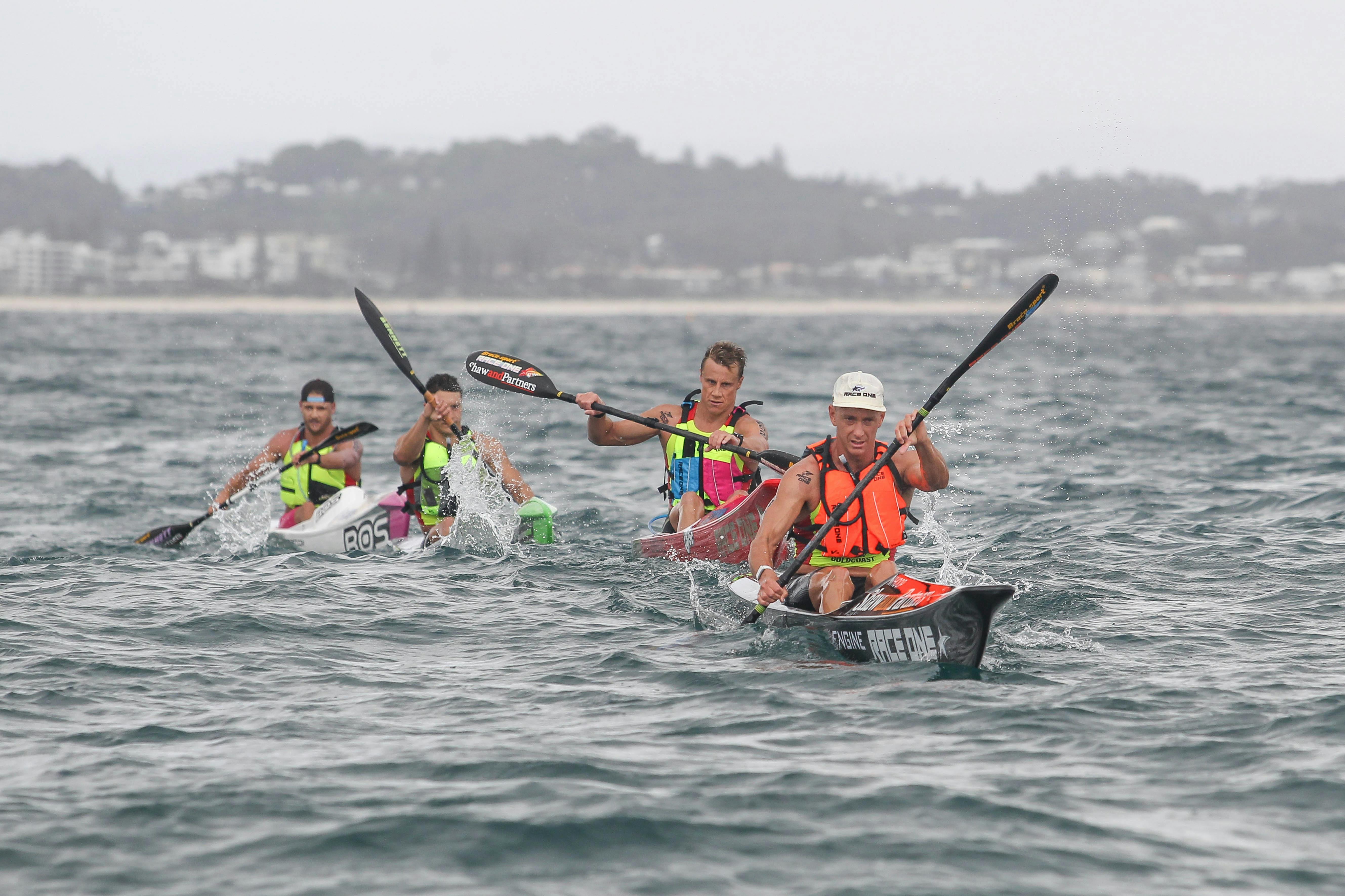 Competitors face a 7km ski paddle as part of the Shaw and Partners Coolangatta Gold 26.5