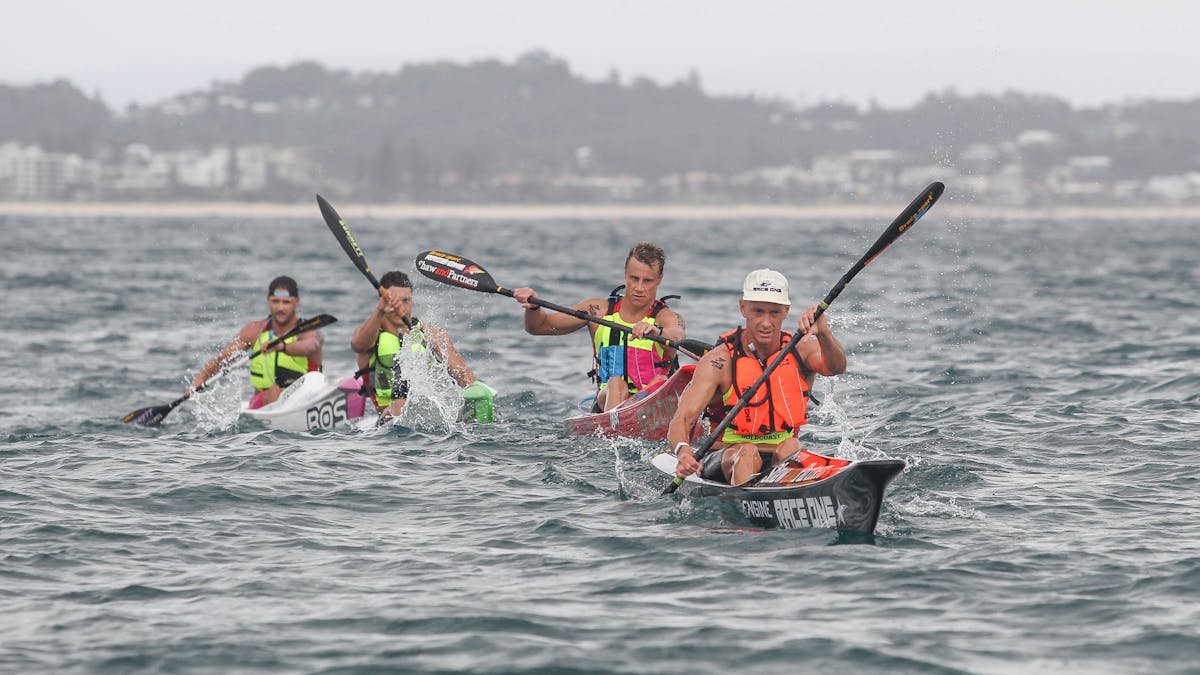 Ali Day leads a chase pack in the ski paddle leg of the marathon race Ali Day leads a chase pack in the ski paddle leg of the marathon race