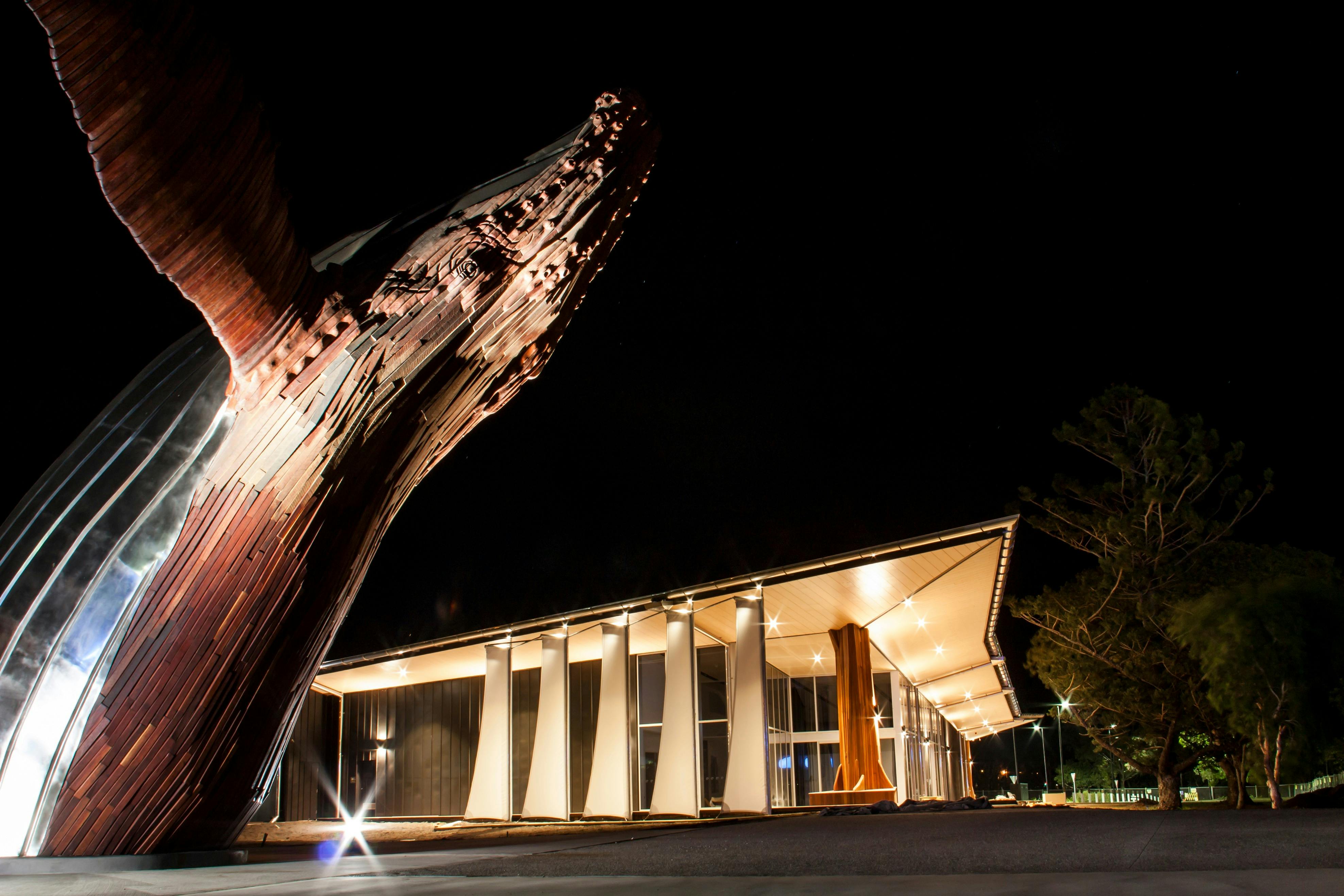 photo showing the life sized Nala whale statue outside the Cultural Centre in Hervey Bay