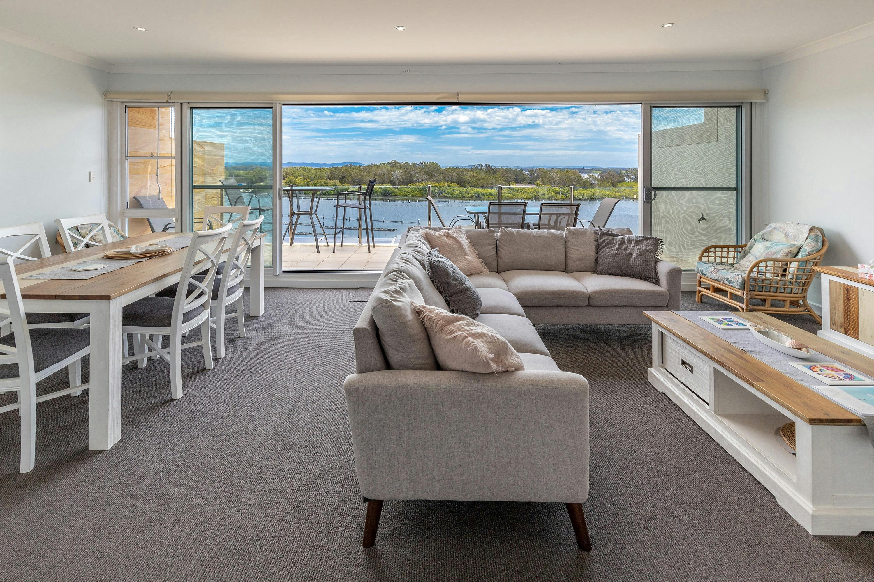 Living and dining with lake view