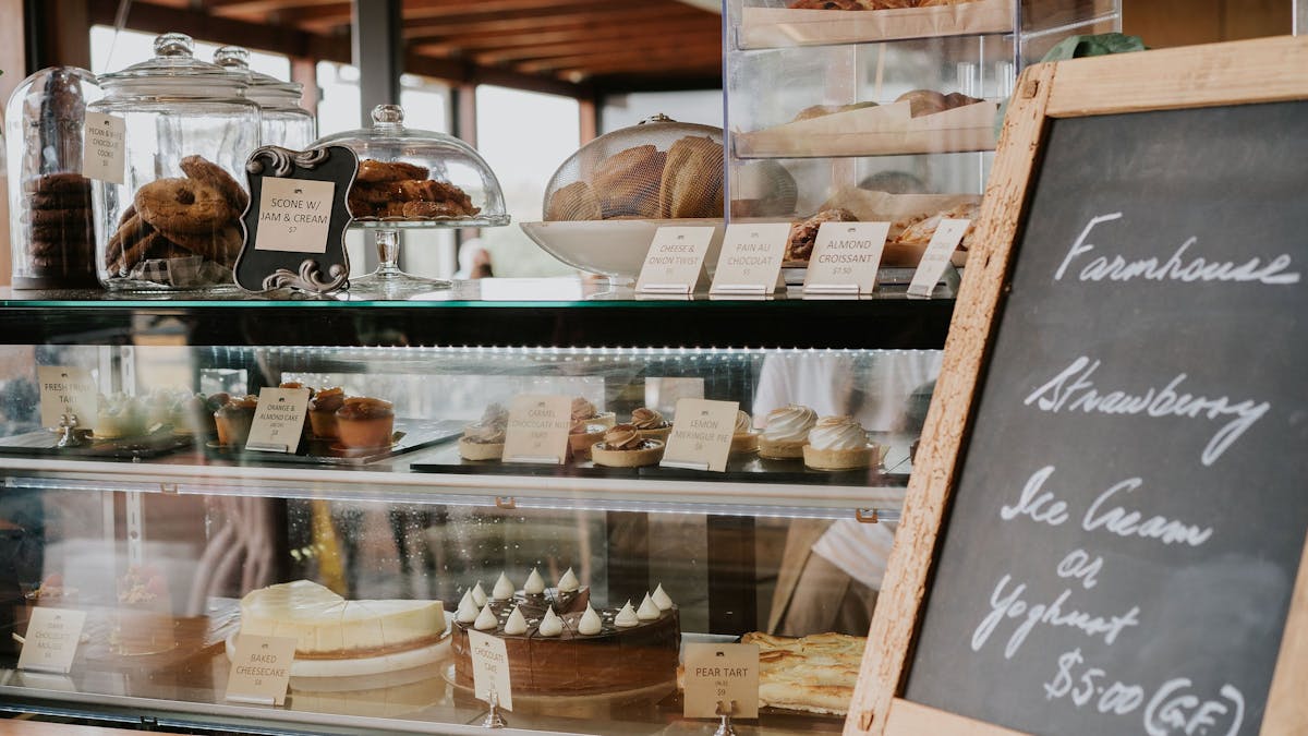 Cake cabinet full of freshly baked goods