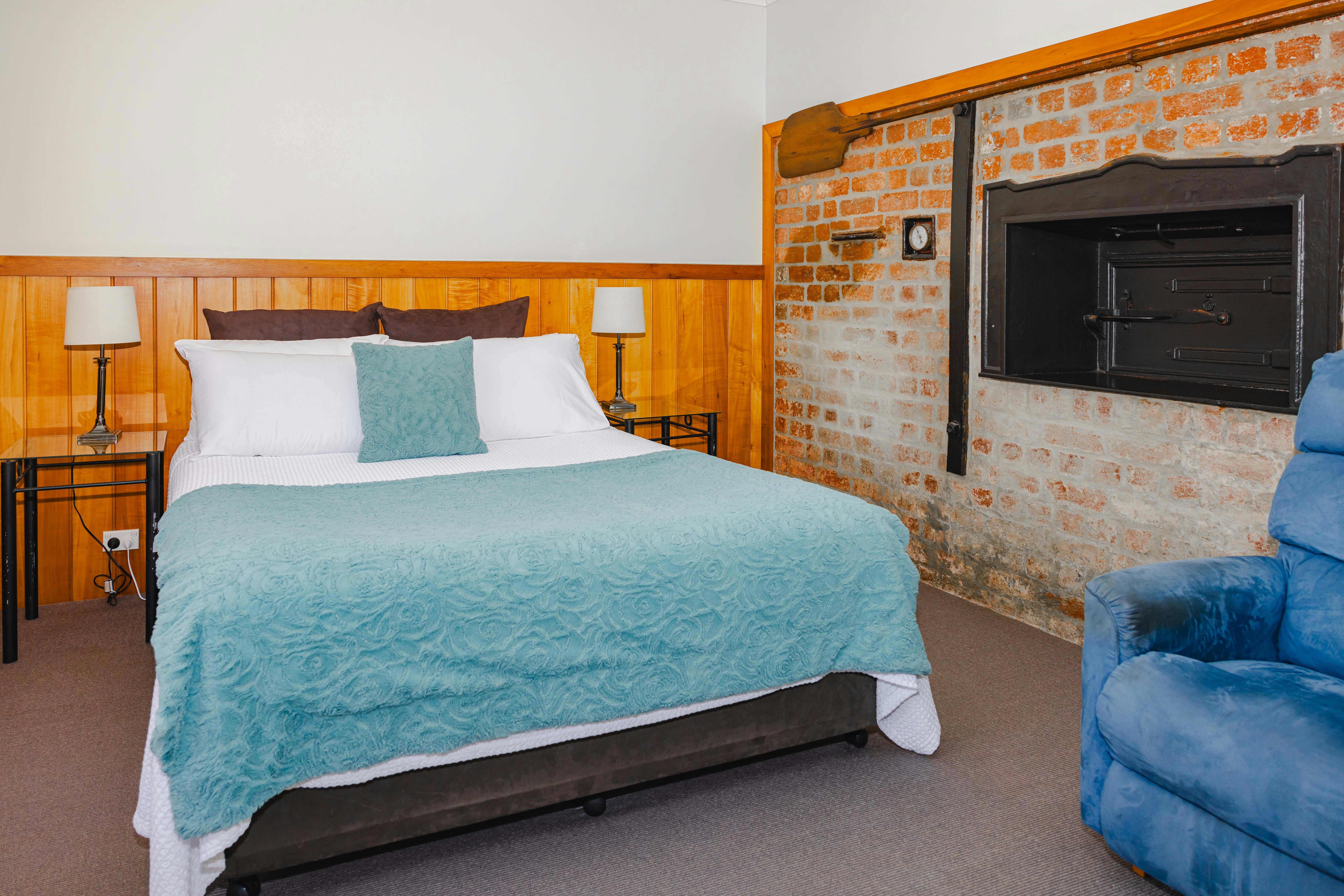 Queen bed, in Stanley's original bakery