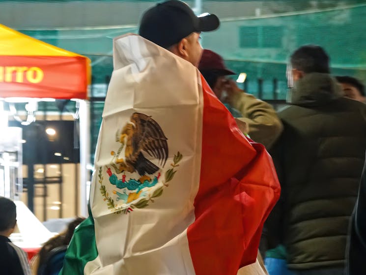 Person hugging themselves with a Mexican flag