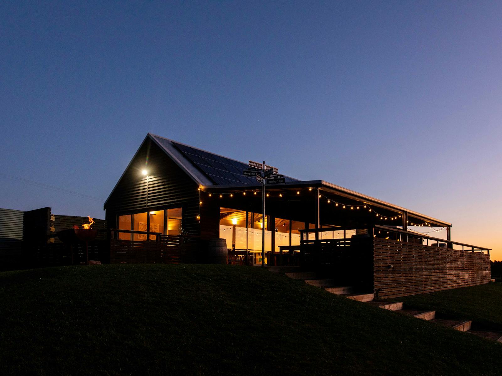 Bangor Vineyard Shed lit up at night