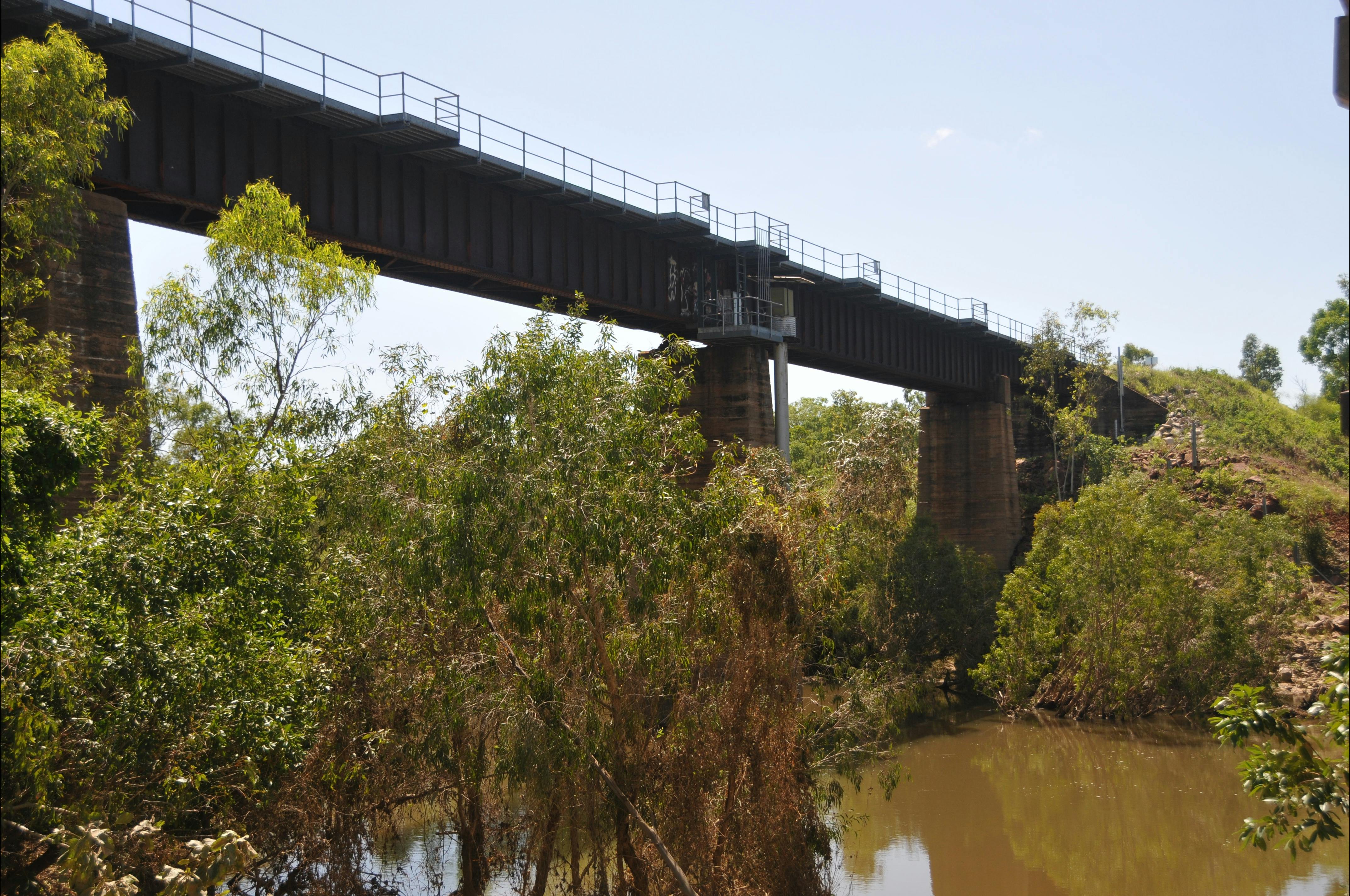 Railway Bridge from below. There is 4WD access to the river. Vehicle bridge is to the right.