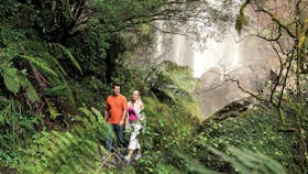 Couple walking through forest at base of falls.