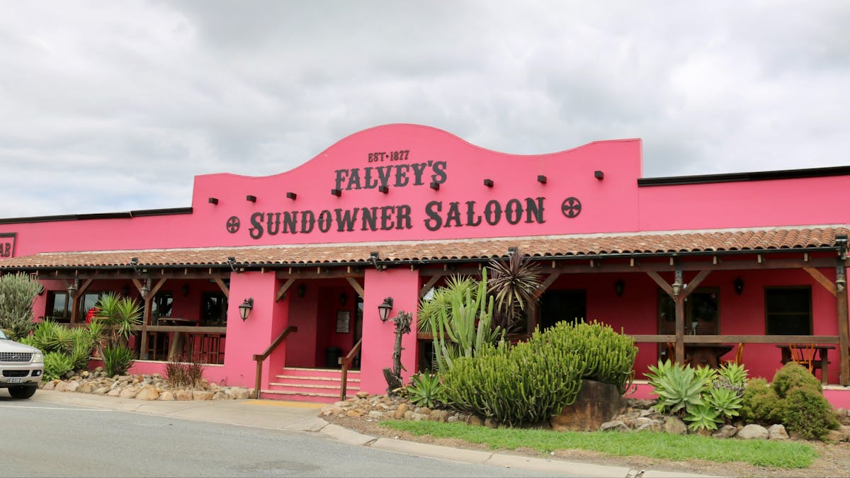 Pink Saloon with plants out the front