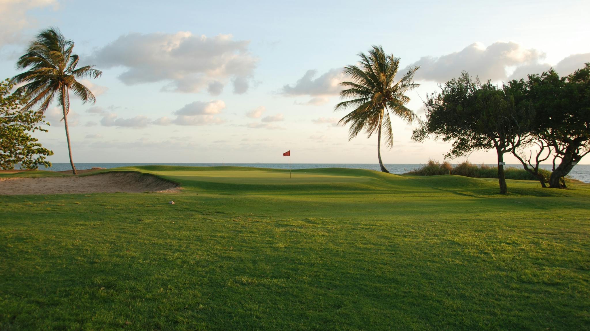 Beautiful green golf ground with ocean in the background and palm trees Beautiful green golf ground with ocean in the background and palm trees
