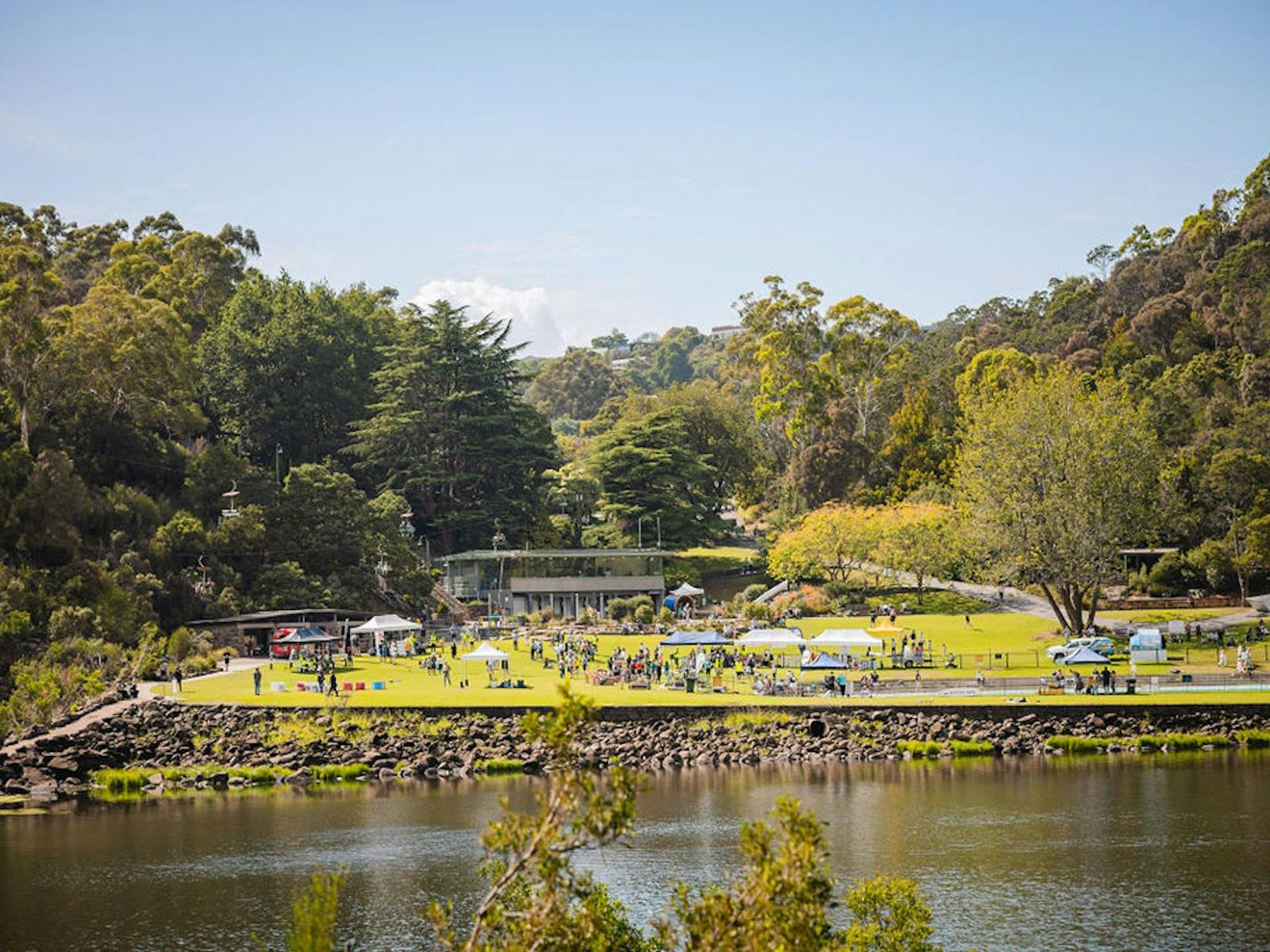 Beautiful and tranquil scenery of Cataract Gorge basin, streams, park, cafe, swimming pool, families