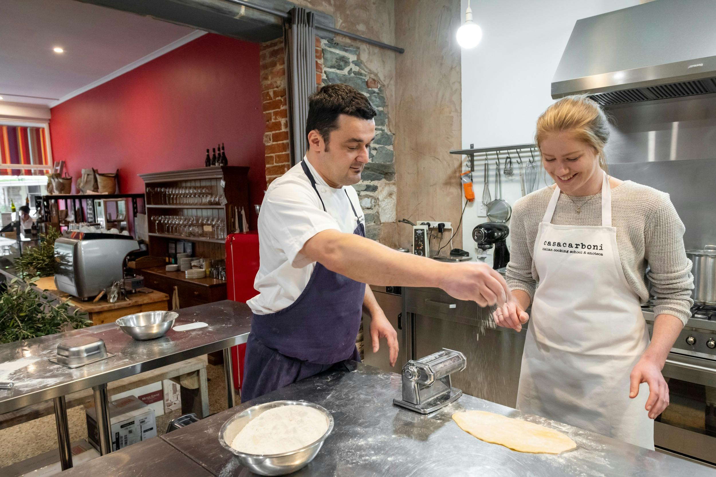 Casa Carboni in Angastin, guests making fresh pasta with Italian chef Matteo Carboni