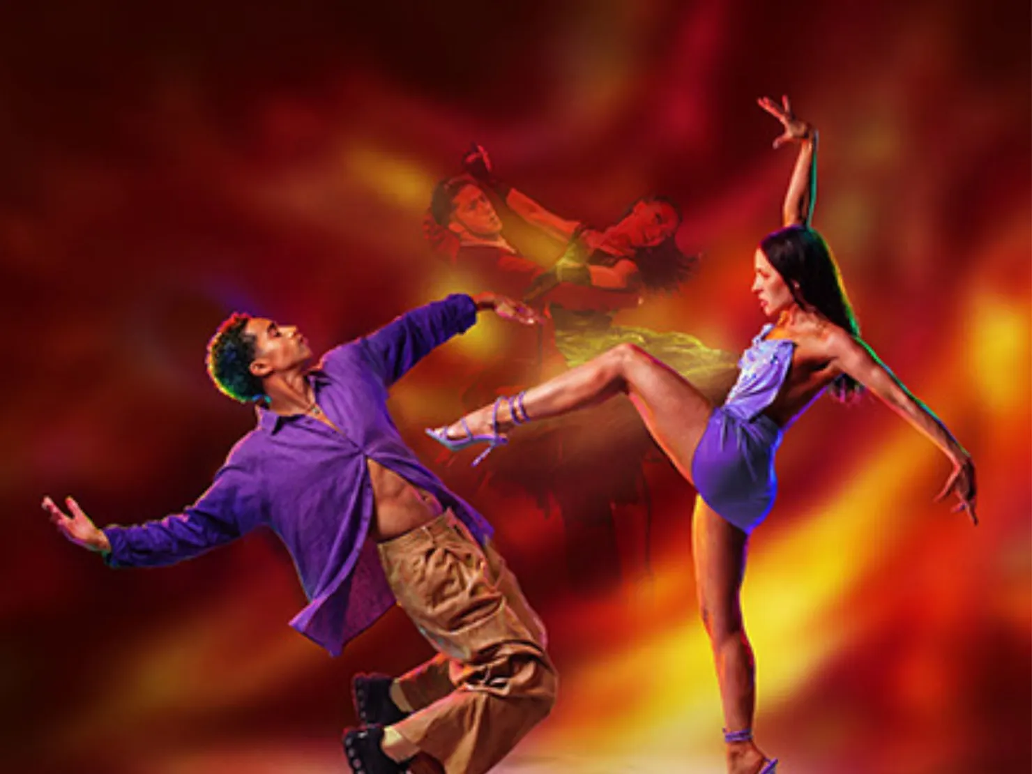 Couple with purple shirts him on his knees and she has got 1 leg on his chest