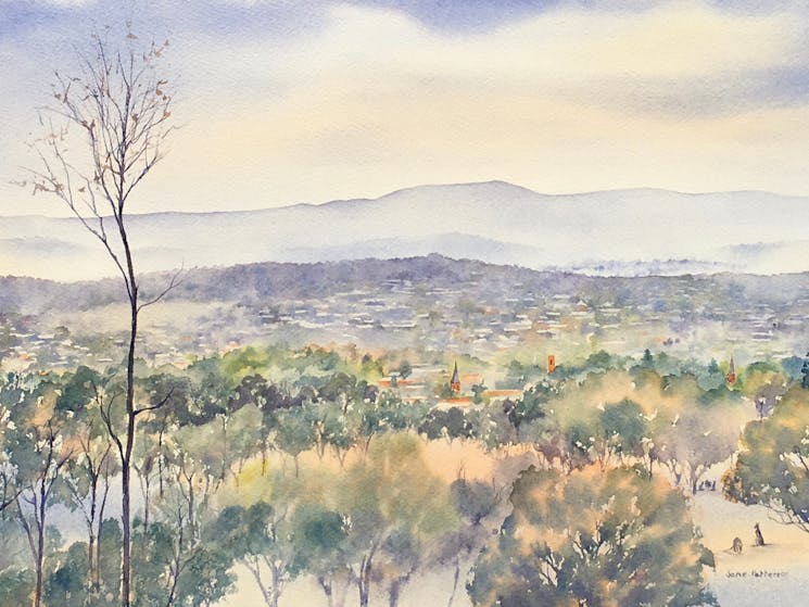 Jane Patterson's watercolour painting from Mount Panorama, Bathurst